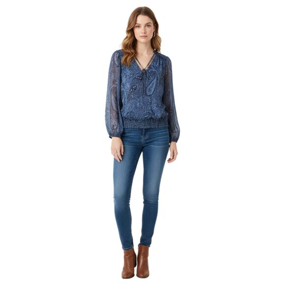 Lucky Brand Paisley Blue Print Sheer Long Sleeve Boho Top Size M - Picture 11 of 13